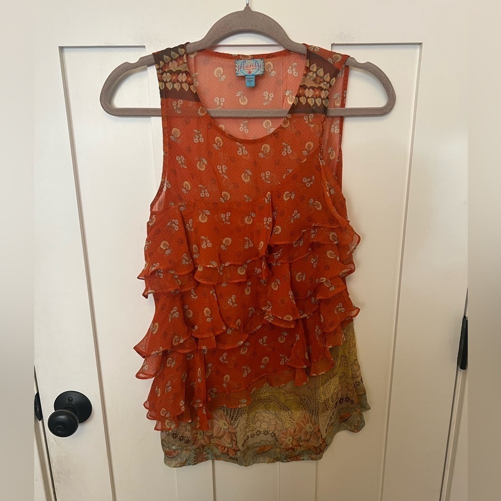 Plenty By Tracy Reece Orange Tiered 100% Silk SleevelessBlouse Top Size Small